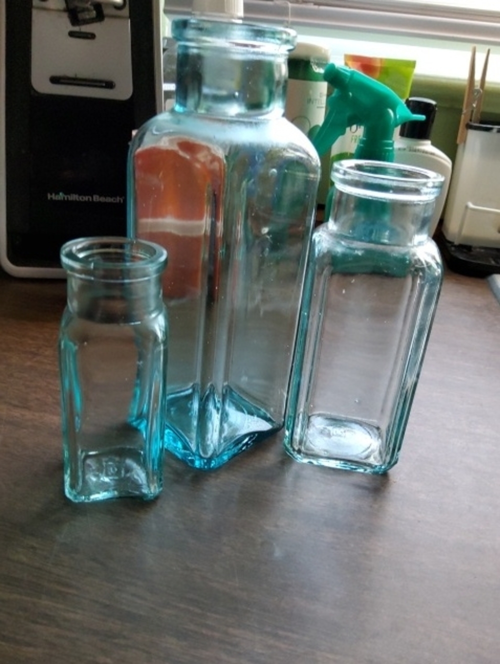 Depression Era Aqua Apothecary Medican Bottles.